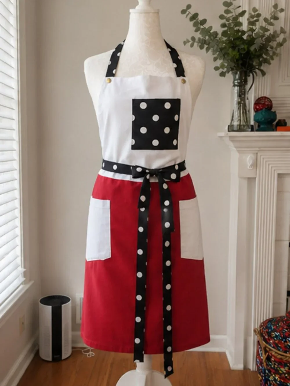 Black & White Polka Dot Utility Apron | 3 Pockets | Gold Hardware